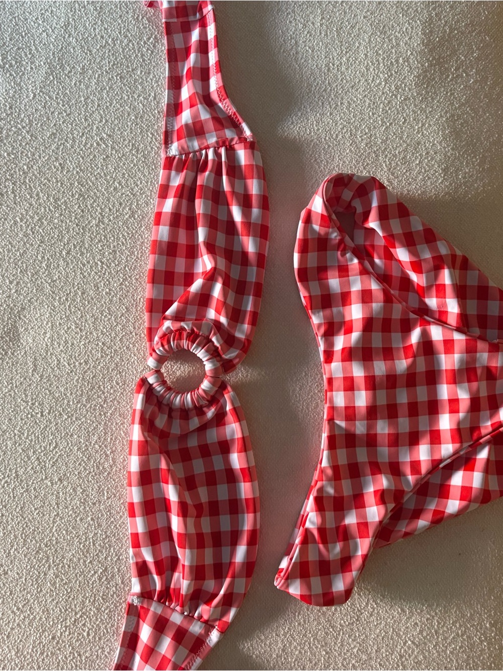 Red and White Gingham Ring-Detail Bikini Set